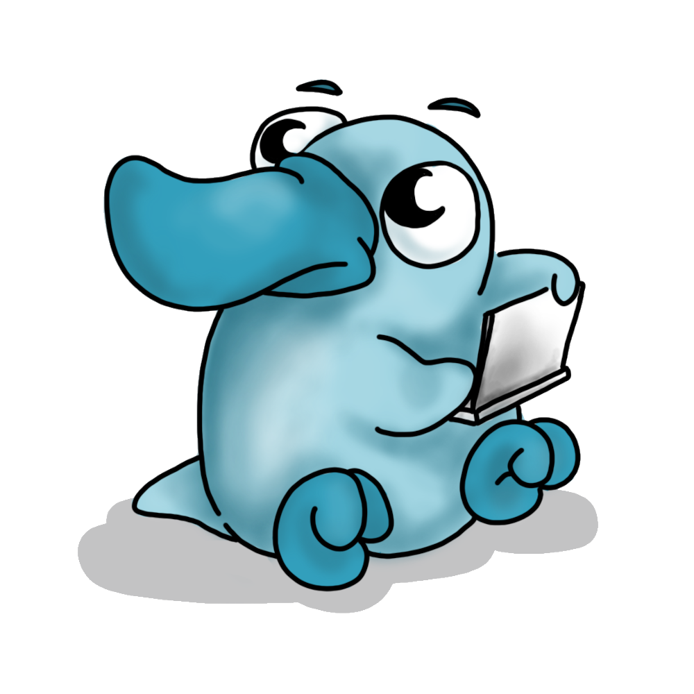 A drawing of a blue-ish round-ish platypus with big eyes, holding a laptop. This platypus is quite cute, but I might be biased.